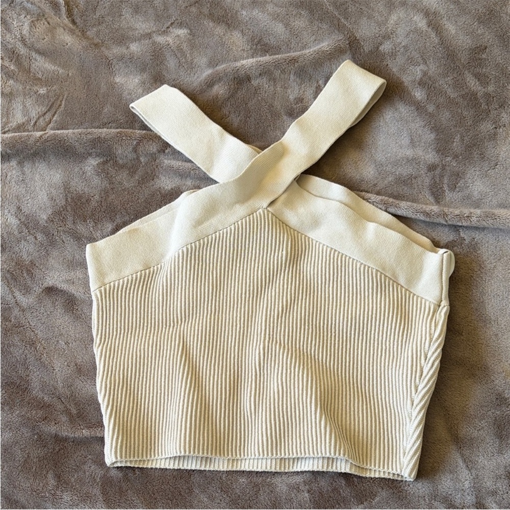 Aritzia Cream Ribbed Cross-Back Crop Top